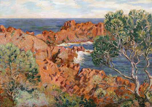 Oil painting of Agay, Red Rocks by Armand Guillaumin, featuring flame-red sandstone cliffs tumbling into a deep blue Mediterranean sea with Mediterranean scrub pine in warm afternoon light.