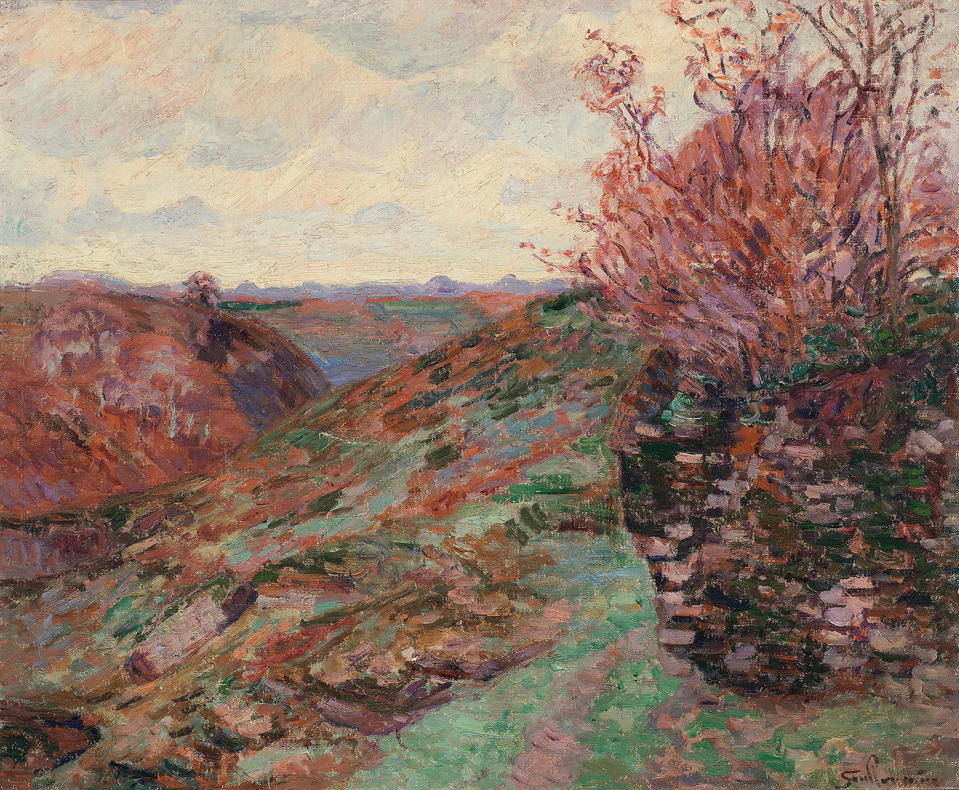 Oil painting of Paysage, Creuse Heath by Armand Guillaumin, featuring a rugged heath in ochre, rust, and violet tones with a single red-leafed tree beside an old stone wall under a pale overcast sky.