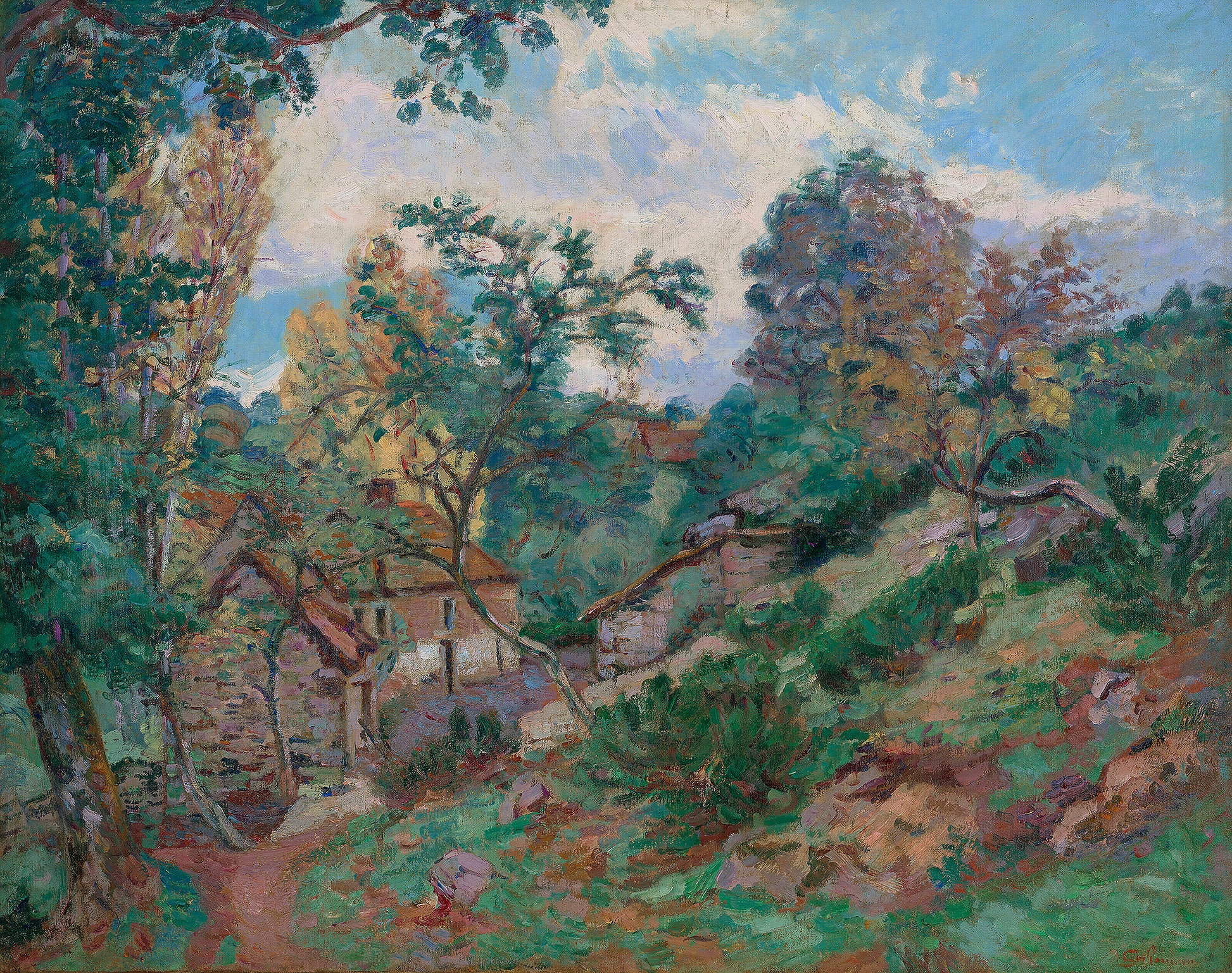 Oil painting of Paysage with Farmhouse by Armand Guillaumin, featuring a stone farmhouse nestled among lush summer trees in a green valley with dappled light and vivid foliage.