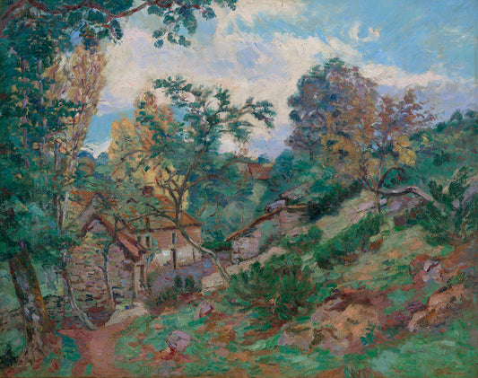 Oil painting of Paysage with Farmhouse by Armand Guillaumin, featuring a stone farmhouse nestled among lush summer trees in a green valley with dappled light and vivid foliage.