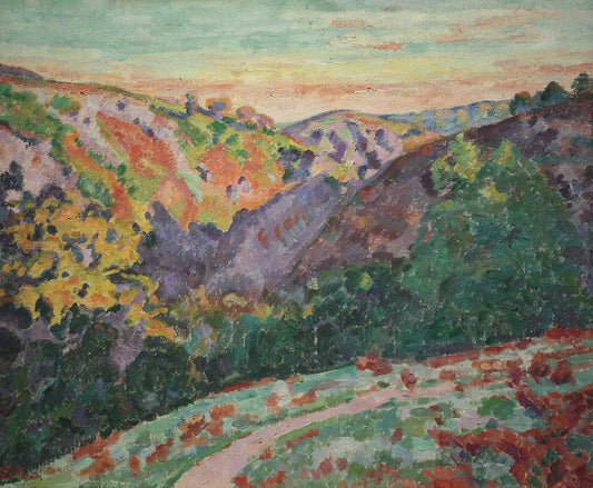 Oil painting of Paysage, Creuse Heath by Armand Guillaumin, featuring a rugged heath in ochre, rust, and violet tones with a single red-leafed tree beside an old stone wall under a pale overcast sky.