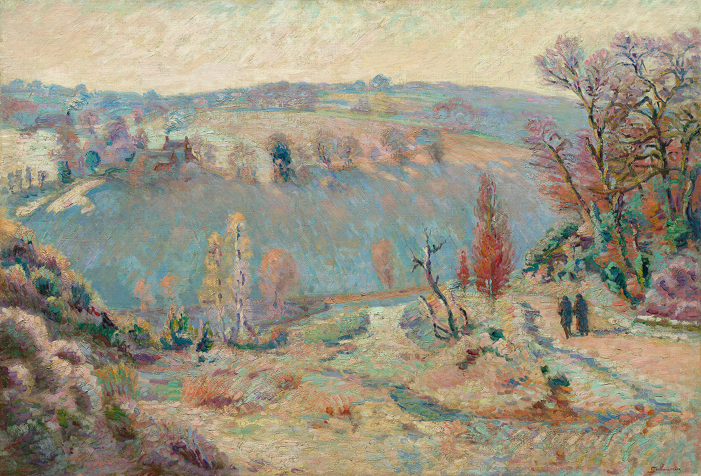 Oil painting of Valley of the Sedelle at Pont Charraud by Armand Guillaumin, featuring two figures on a hillside path above a wide rolling valley in autumn tones of red, gold, and blue-green.