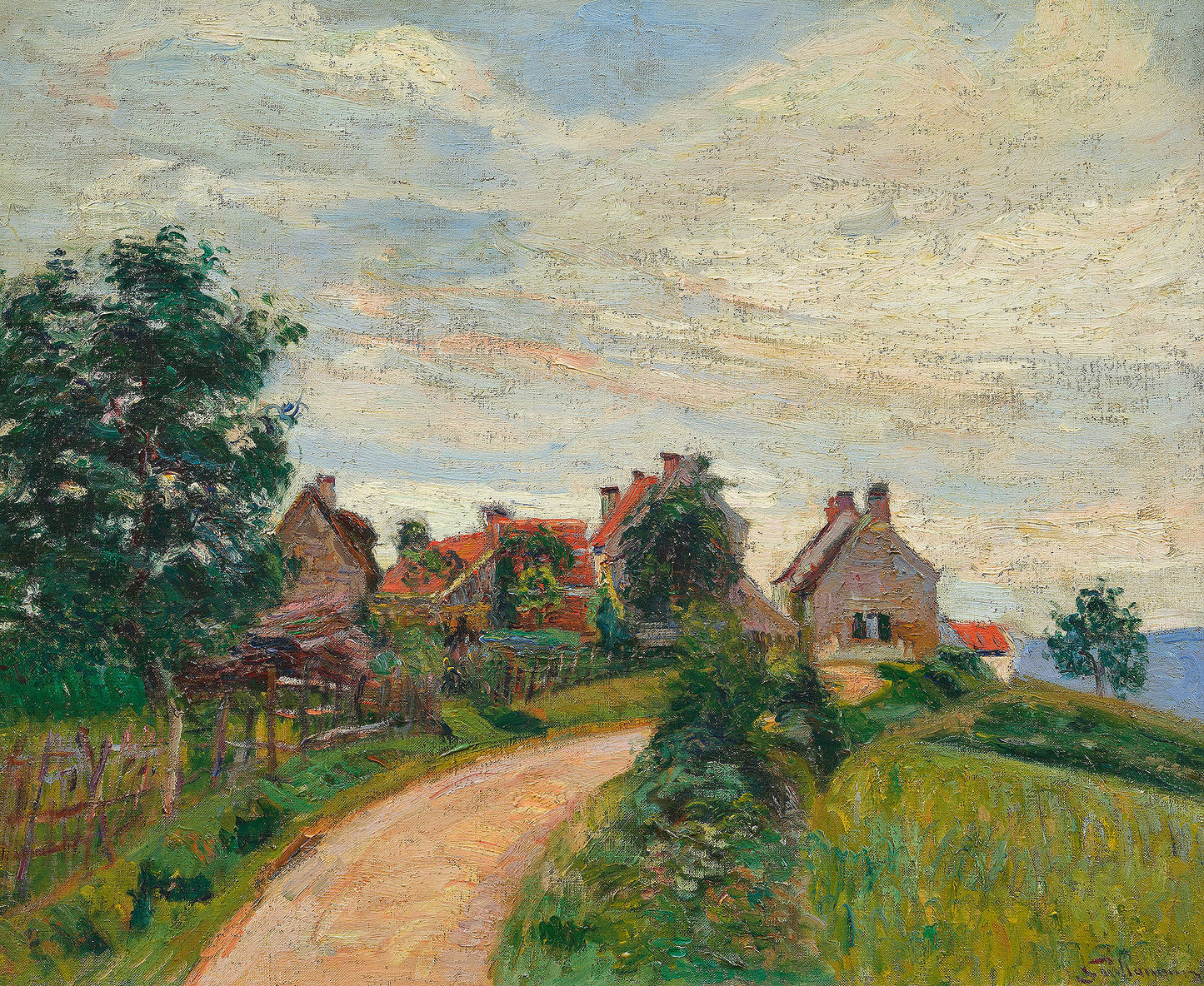 Oil painting of Village de Damiette by Armand Guillaumin, featuring a winding country road past red-roofed stone cottages in a lush green hillside village under a cloud-swept sky in Île-de-France.