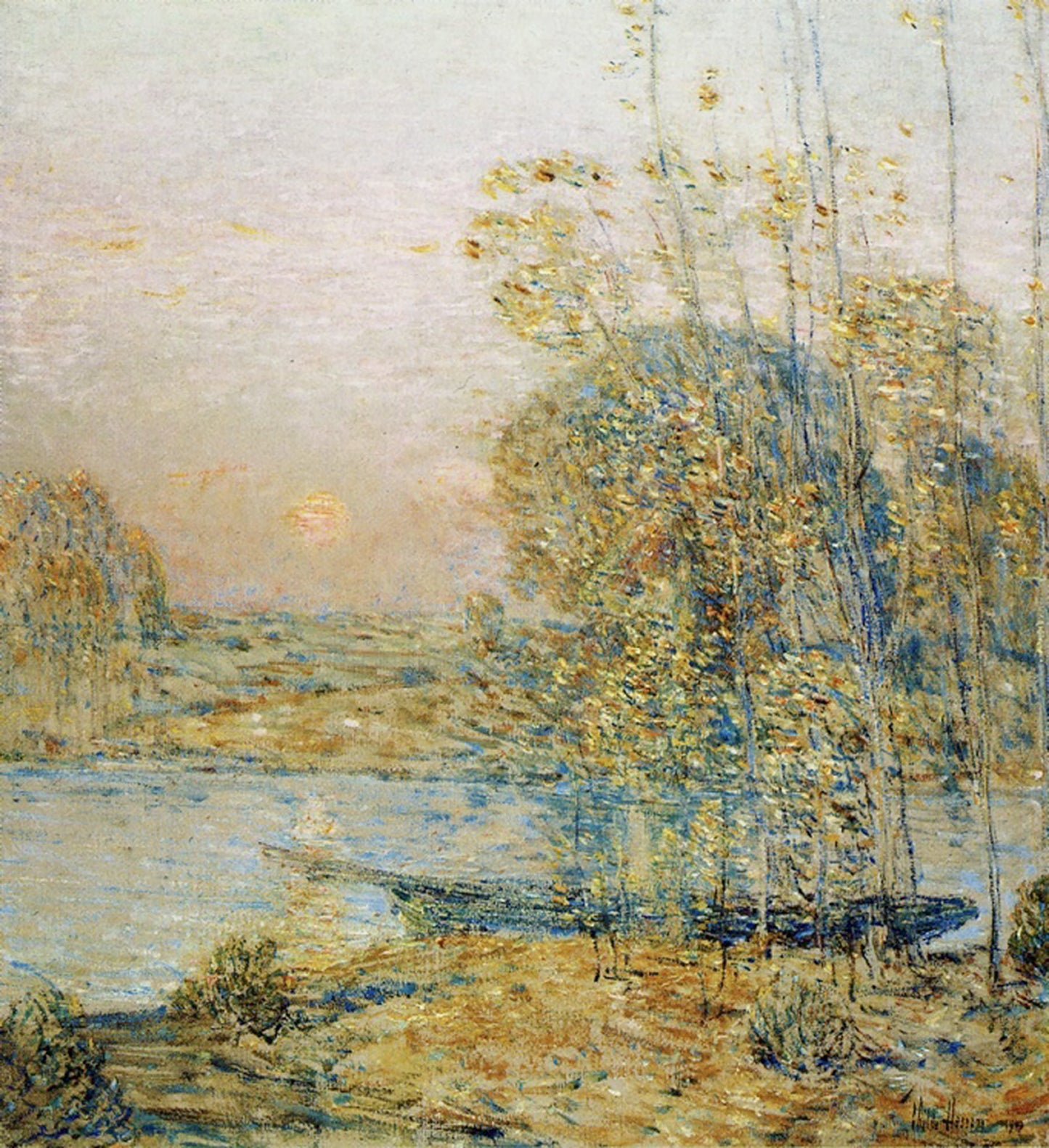 Oil painting of Late Afternoon by Childe Hassam, featuring tall slender autumn trees in golden foliage leaning over a pale river in warm late-afternoon light with a hazy sun setting behind.