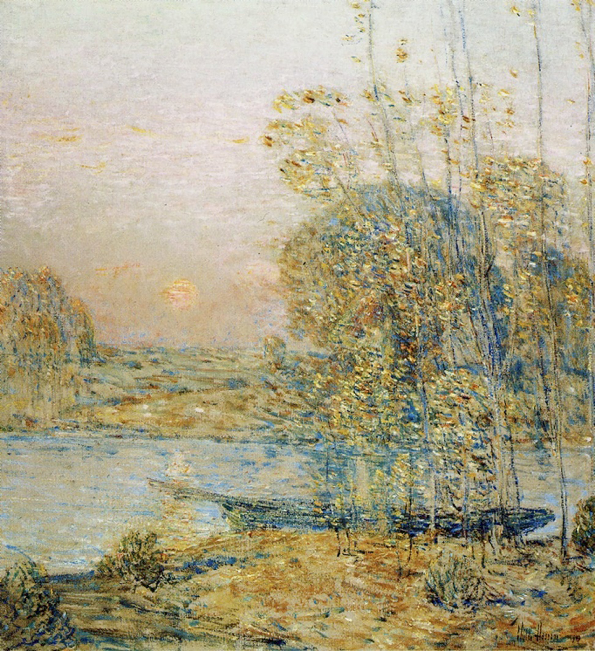 Oil painting of Late Afternoon by Childe Hassam, featuring tall slender autumn trees in golden foliage leaning over a pale river in warm late-afternoon light with a hazy sun setting behind.