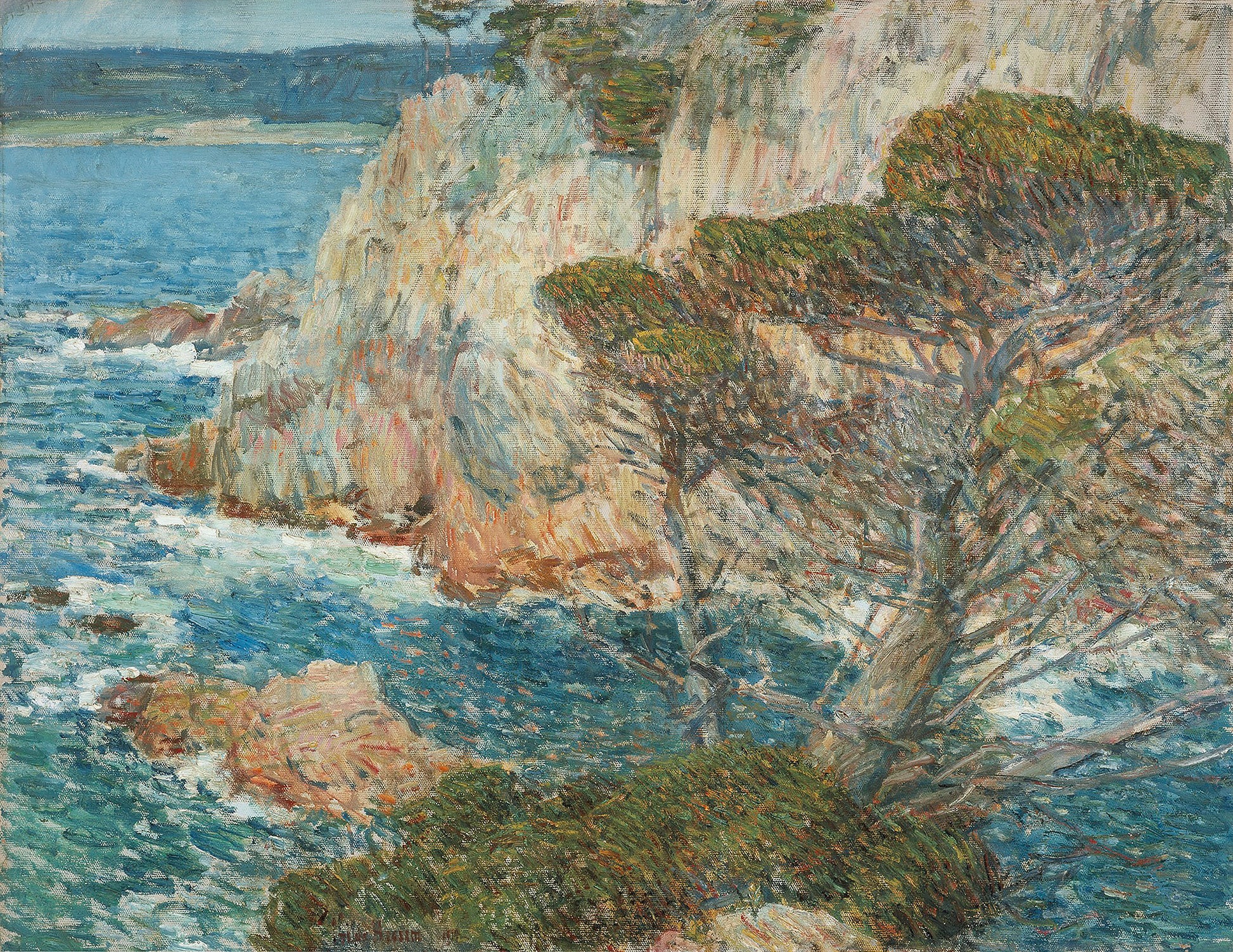 Oil painting of Point Lobos, Carmel by Childe Hassam, featuring Monterey cypress trees clinging to warm coastal cliffs above a brilliant blue sea at Point Lobos, California.