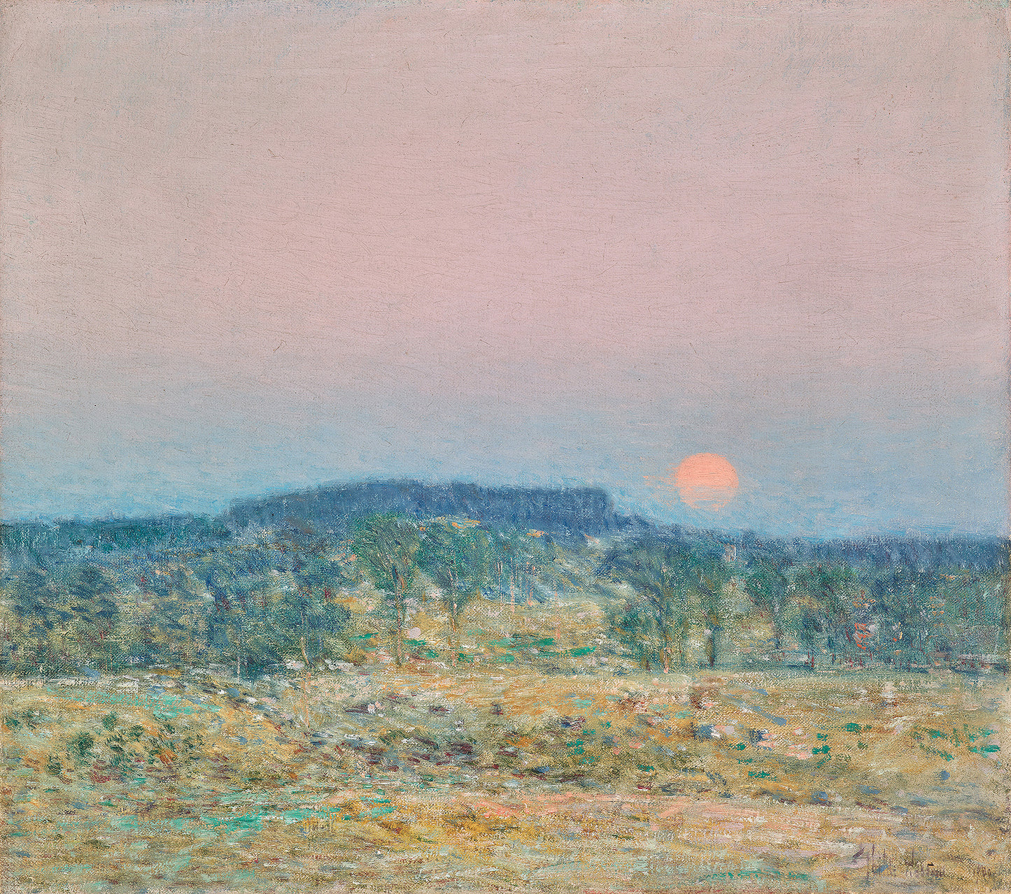 Oil painting of September Moonrise by Childe Hassam, featuring a pale orange harvest moon rising above a dark treeline over an open heath meadow in soft pink and lavender dusk light.