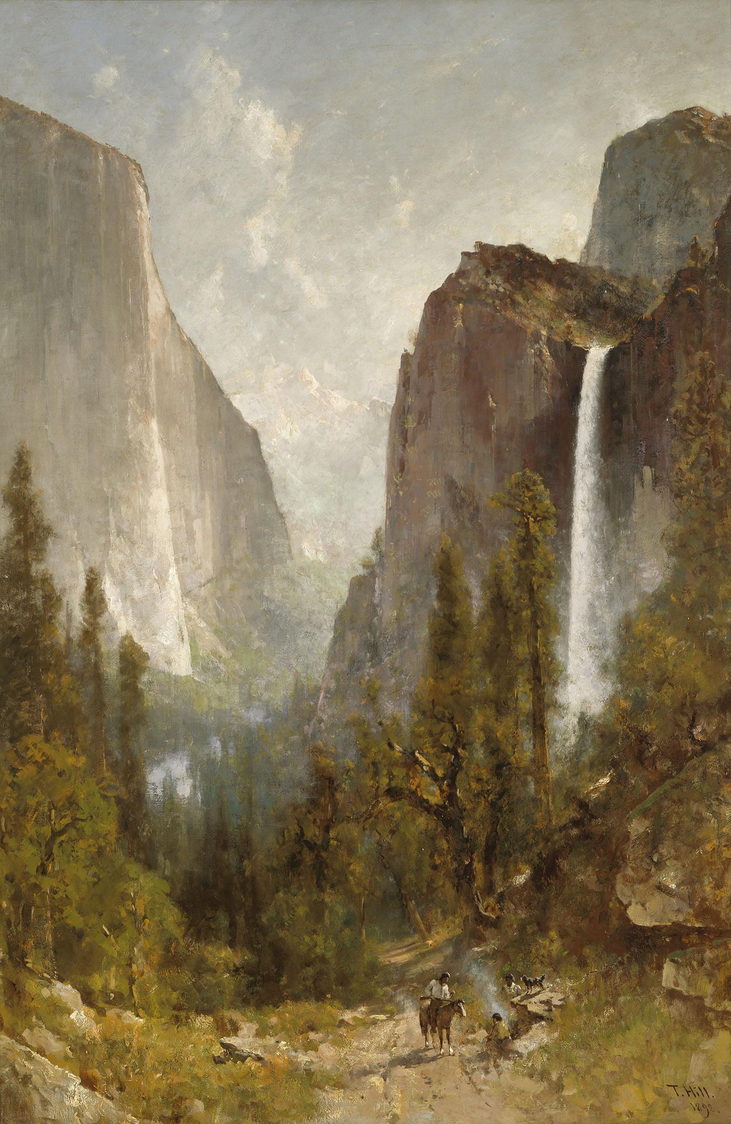 Oil painting of Bridal Veil Falls, Yosemite Valley with Riders by Thomas Hill, featuring two figures on horseback on a valley trail with Bridalveil Fall cascading through mist and El Capitan glowing softly beyond.