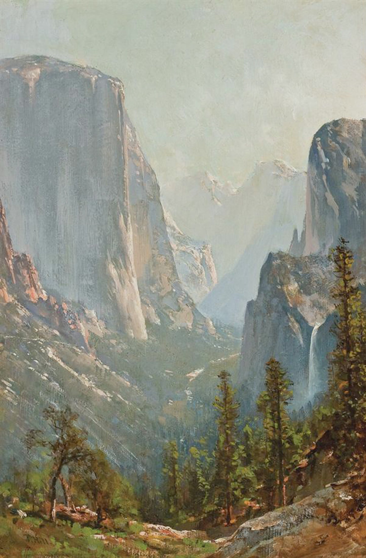 Oil painting of Early Morning Mist, Yosemite Valley by Thomas Hill, featuring El Capitan rising from cool morning mist on the left, Bridalveil Fall cascading through haze on the right, and dark pine trees in the foreground.