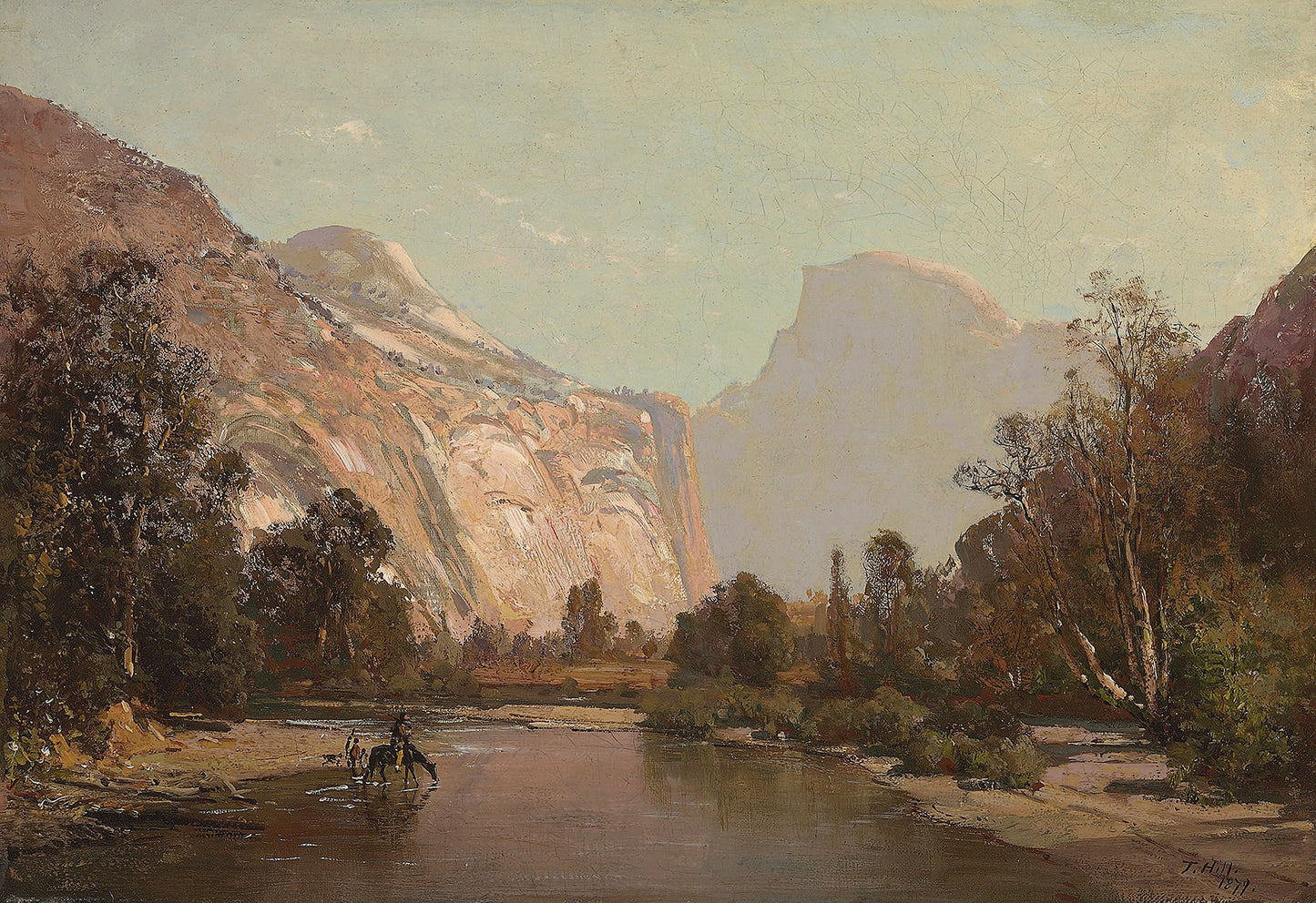 Oil painting of Royal Arches and Domes of Yosemite by Thomas Hill, featuring riders and horses in the Merced River below the Royal Arches and Half Dome bathed in warm amber afternoon light.