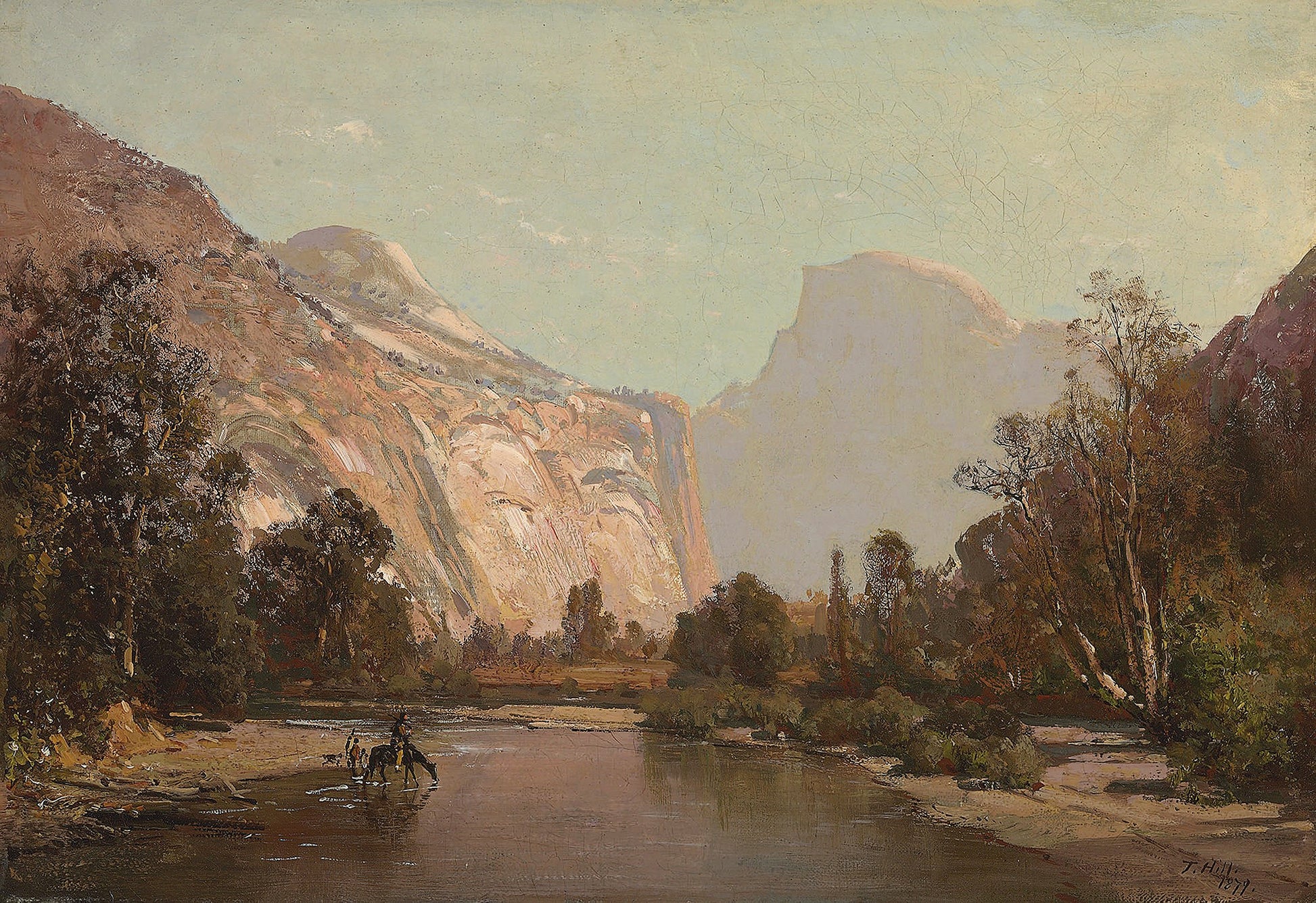 Oil painting of Royal Arches and Domes of Yosemite by Thomas Hill, featuring riders and horses in the Merced River below the Royal Arches and Half Dome bathed in warm amber afternoon light.