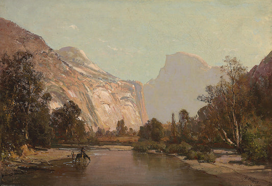Oil painting of Royal Arches and Domes of Yosemite by Thomas Hill, featuring riders and horses in the Merced River below the Royal Arches and Half Dome bathed in warm amber afternoon light.