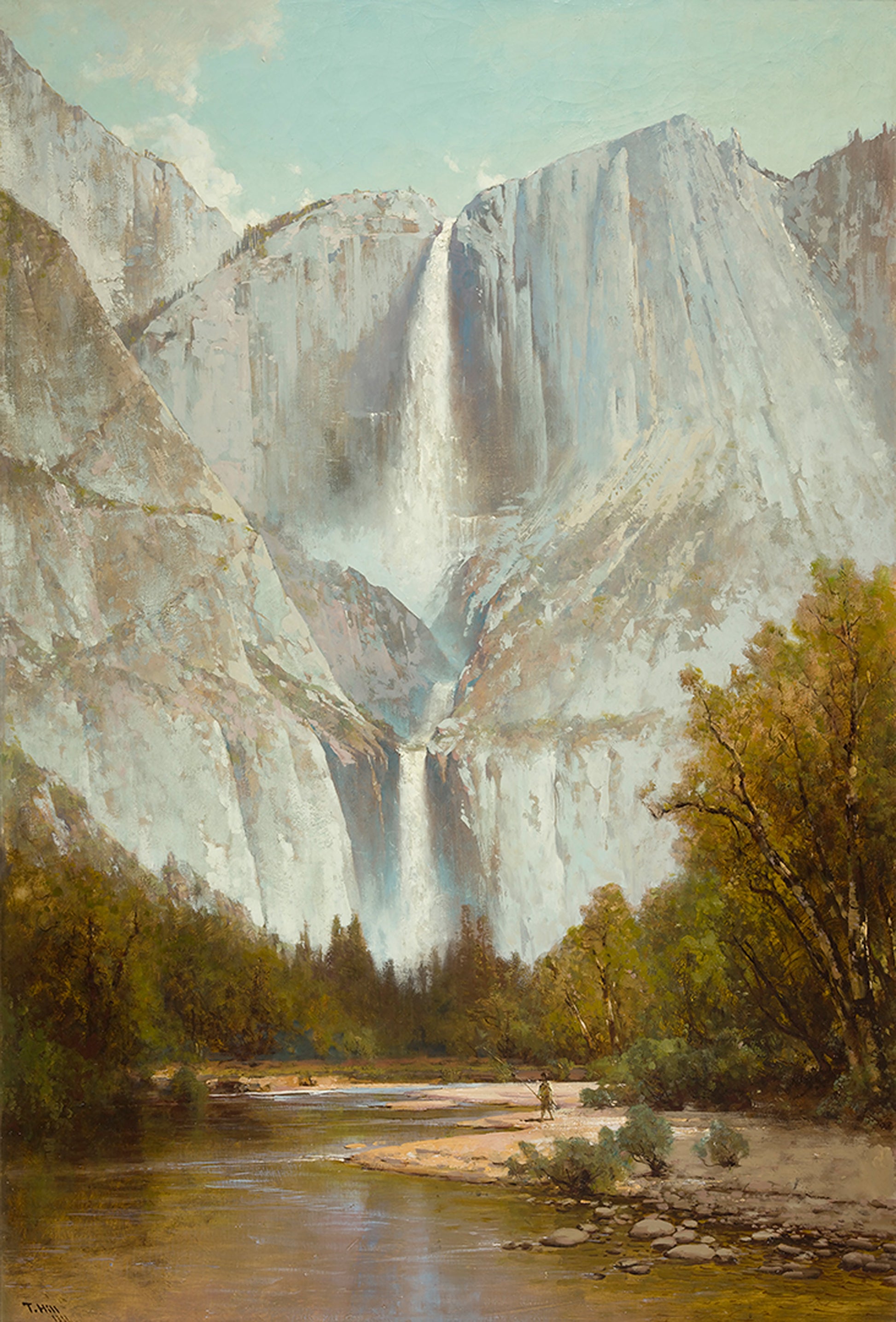 Oil painting of Yosemite Falls by Thomas Hill, featuring the full cascade of Yosemite Falls plunging down luminous granite cliffs with autumn trees and a lone figure beside the Merced River below.