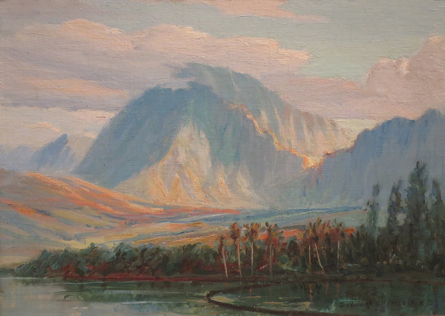 Oil painting of Kaneohe Bay Fish Ponds by D. Howard Hitchcock, featuring ancient Hawaiian fish ponds in the foreground with the Ko'olau Mountains rising in mist behind.