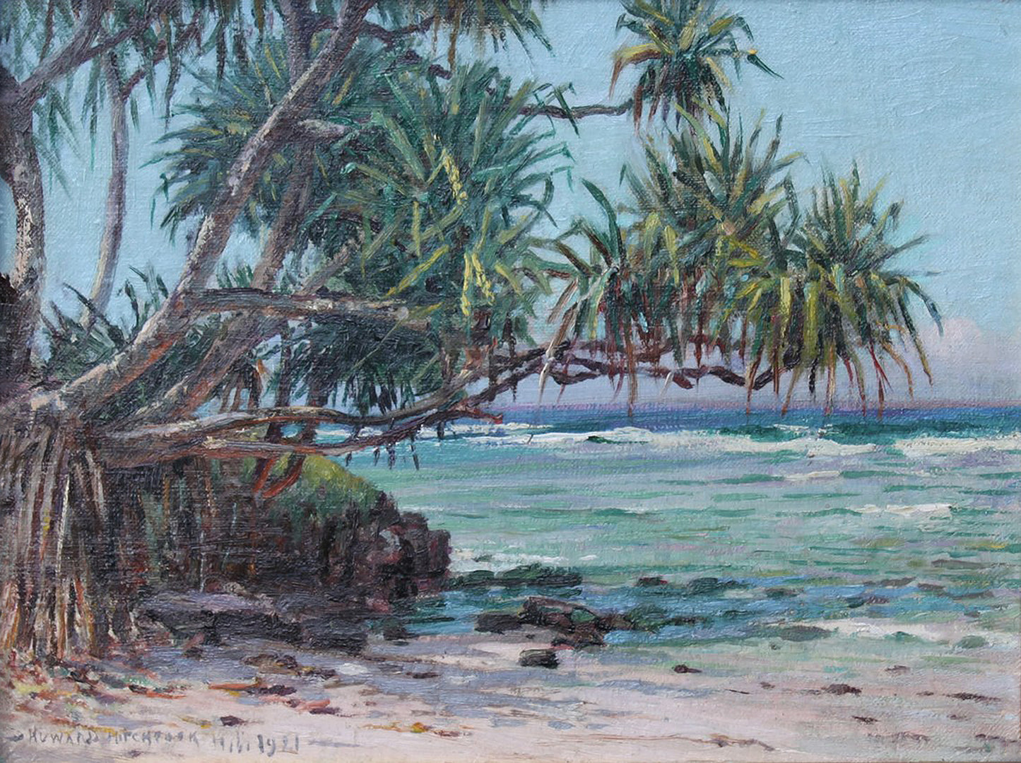 Oil painting of Lauhala by the Shore by D. Howard Hitchcock, featuring hala trees with distinctive prop roots leaning over a rocky shoreline with turquoise surf breaking below.