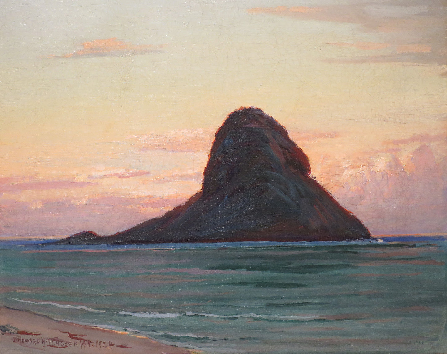 Oil painting of Mokoli'i Island at Twilight by D. Howard Hitchcock, featuring the volcanic cone of Mokoli'i Island silhouetted against a glowing sunset sky of gold and pink above turquoise Hawaiian waters.