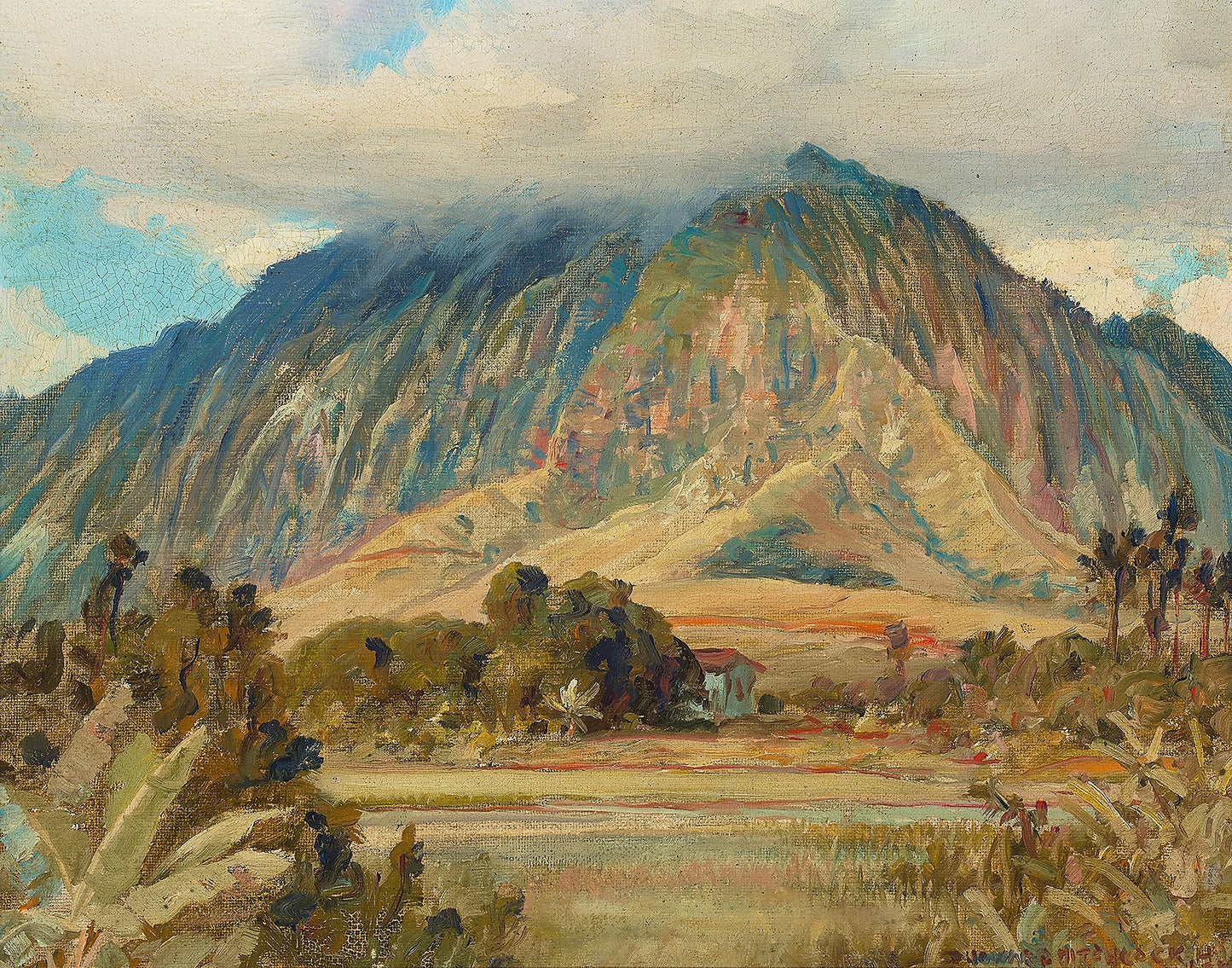 Oil painting of Hawaiian Valley by D. Howard Hitchcock, featuring rolling golden-green hillsides descending toward a valley floor with the Ko'olau Mountains rising in the background.