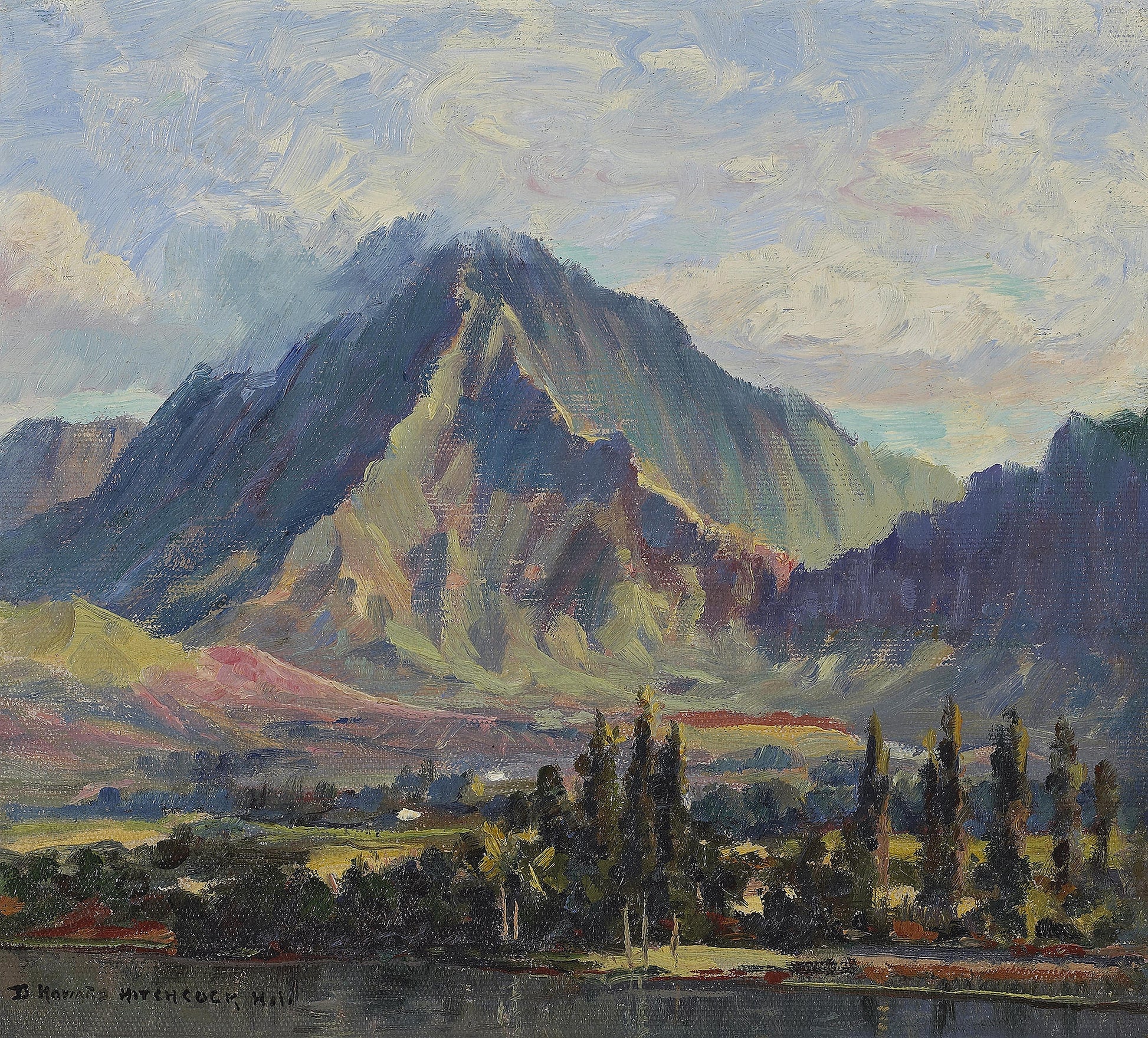 Oil painting of Pali Gap from Kaneolu Bay by D. Howard Hitchcock, featuring calm bay waters leading to the dramatic Nu'uanu Pali gap in the Ko'olau Mountains above a lush valley.