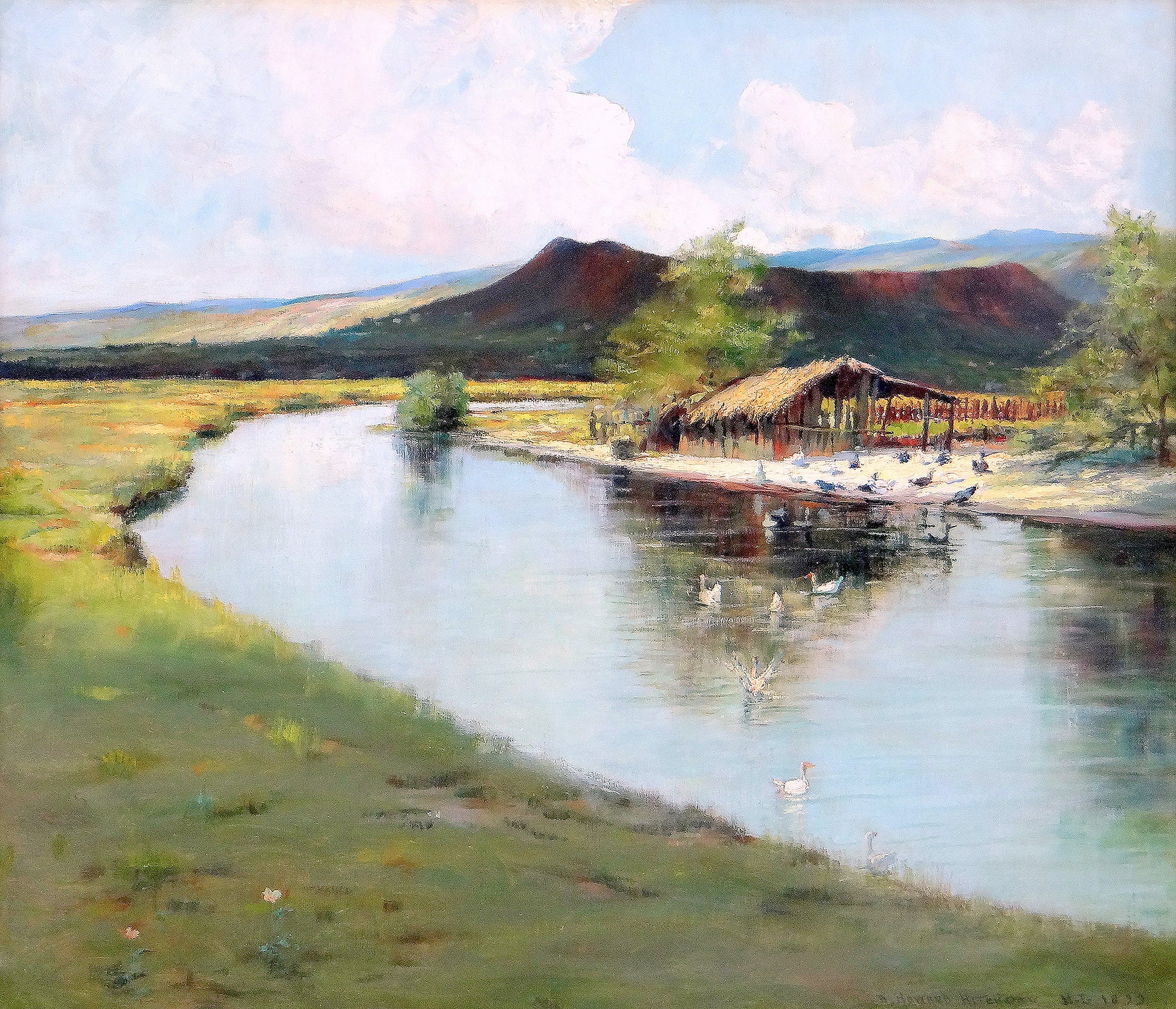 Oil painting of Punchbowl Crater from Makiki by D. Howard Hitchcock, featuring geese on a stream beside a thatched Hawaiian building with Punchbowl Crater and volcanic hills rising in the background.