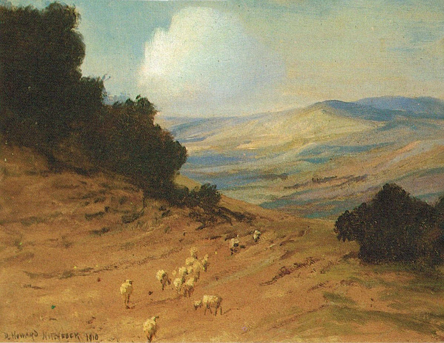 Oil painting of Pajaro Valley, California by D. Howard Hitchcock, featuring a flock of sheep and a herder descending a dry ochre hillside with the broad Pajaro Valley stretching into the blue-hazed distance.