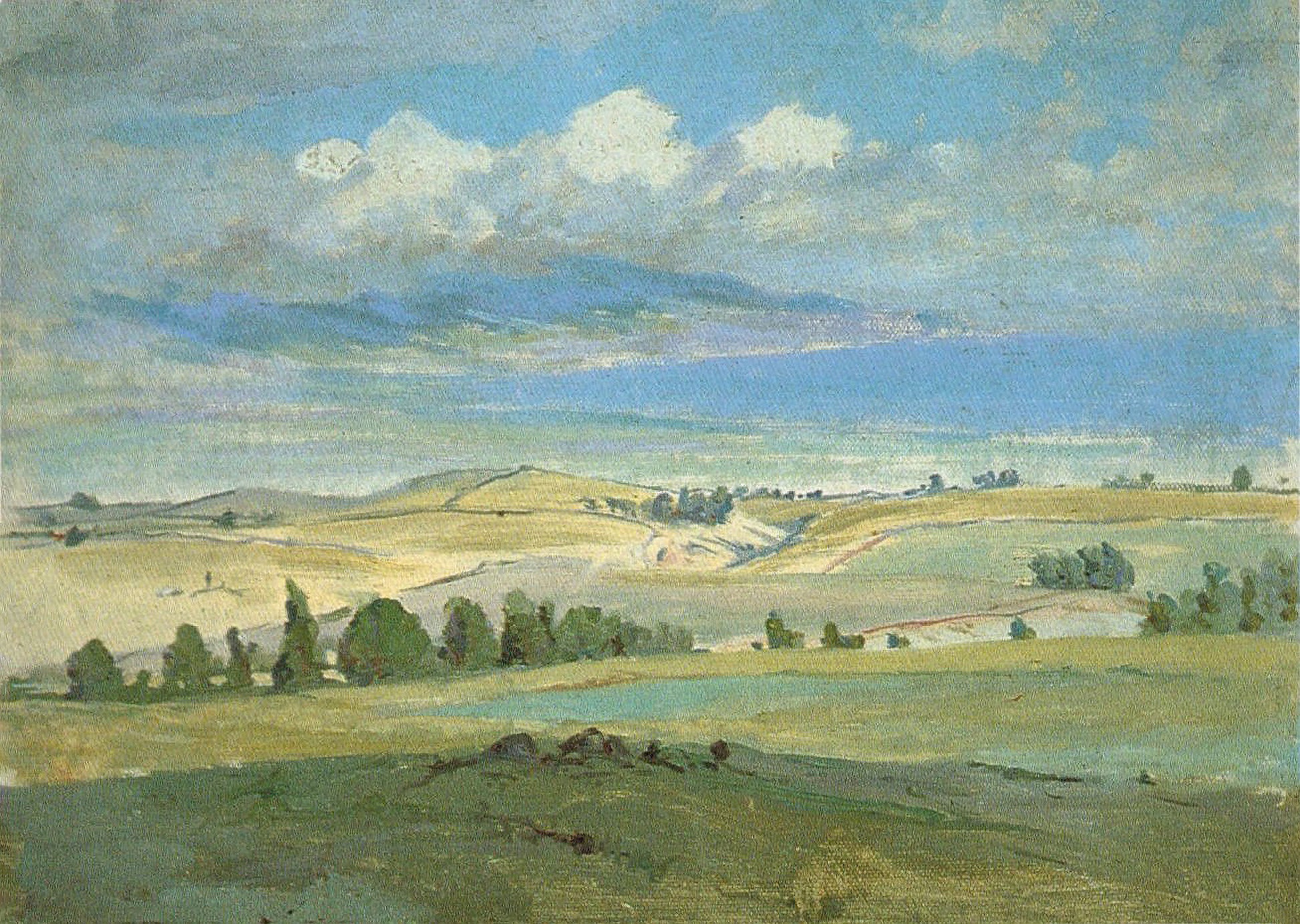 Oil painting of West Maui from Haleakala Ranch by D. Howard Hitchcock, featuring open golden grasslands of Haleakala Ranch in the foreground with the West Maui Mountains rising under a wide blue sky.
