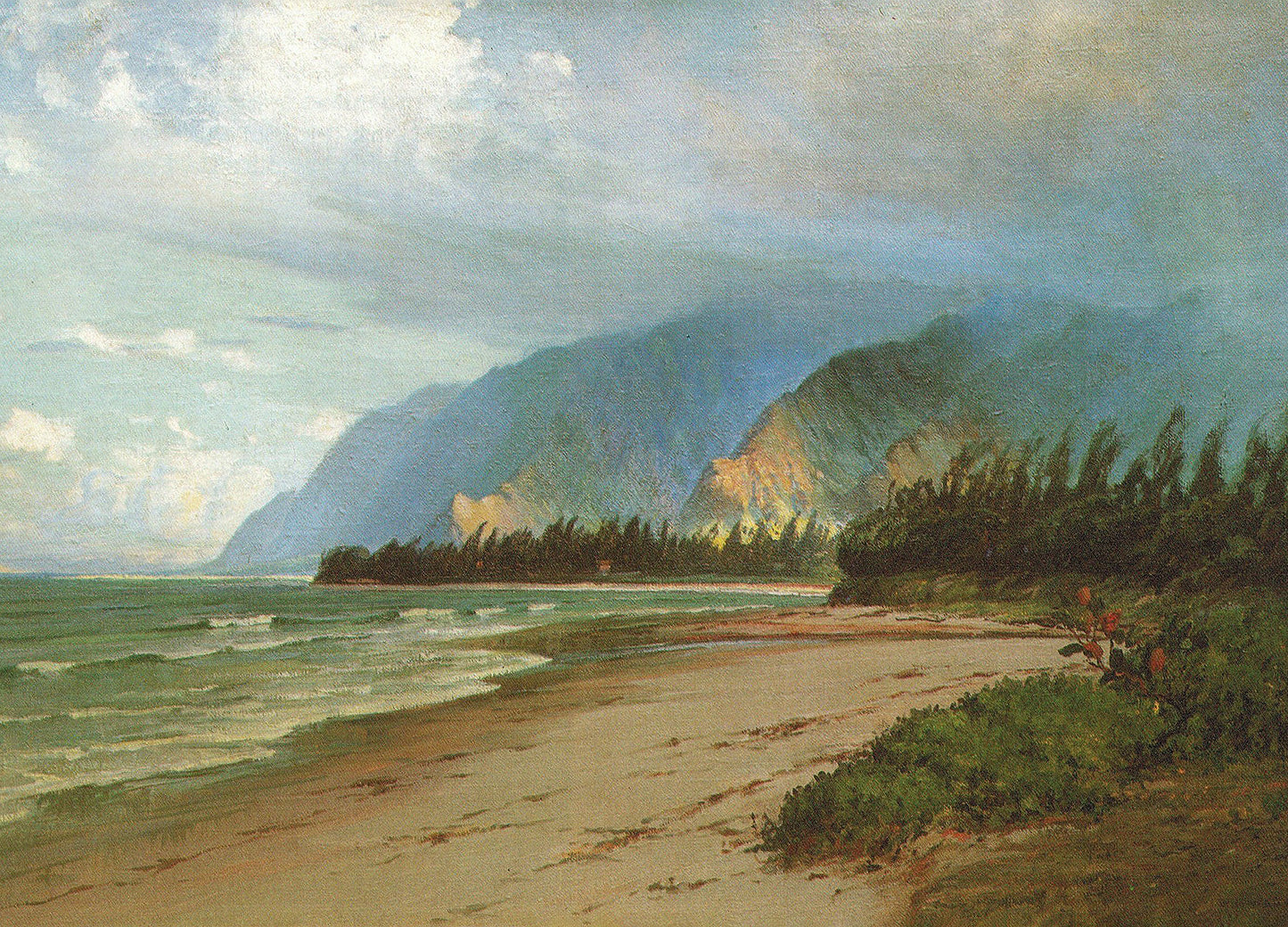 Oil painting of Windward Oahu by D. Howard Hitchcock, featuring the dramatic Ko'olau cliffs rising directly from a windward beach as surf rolls in and ironwood trees bend in the foreground.