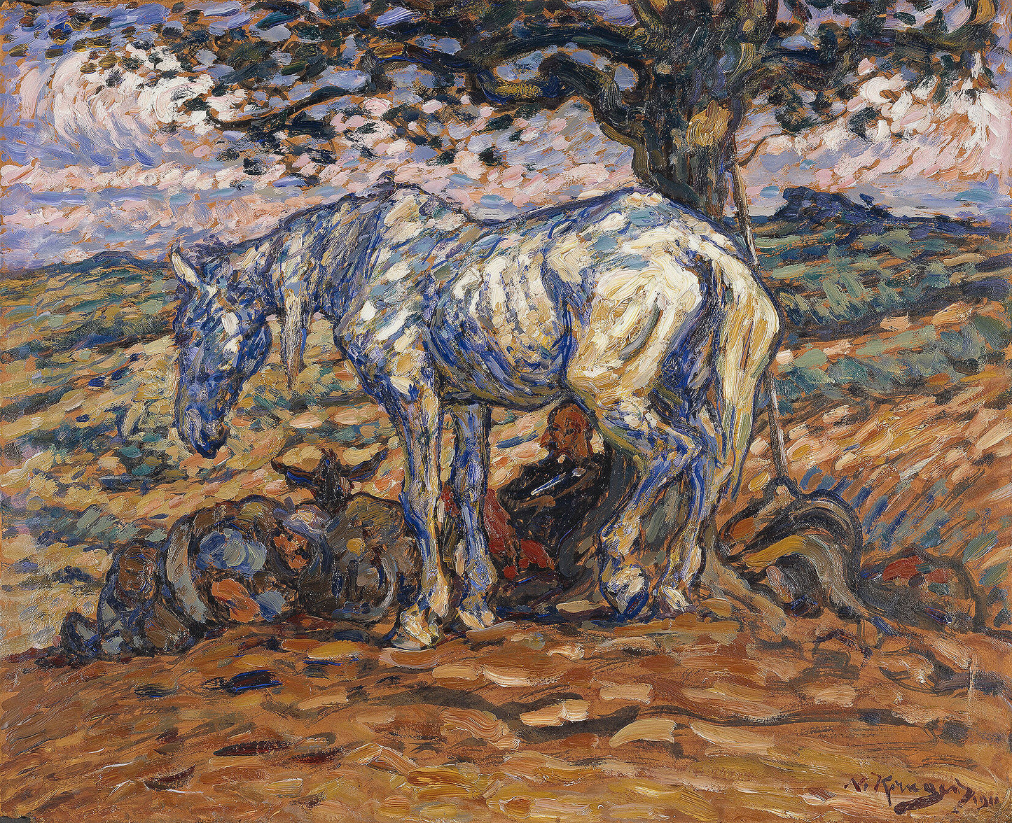 Oil painting of Don Quixote's Horse Rosinante by Nils Kreuger, featuring a gaunt white horse standing wearily in an open ochre landscape with a slumped figure beneath a twisted tree and rolling hills behind.