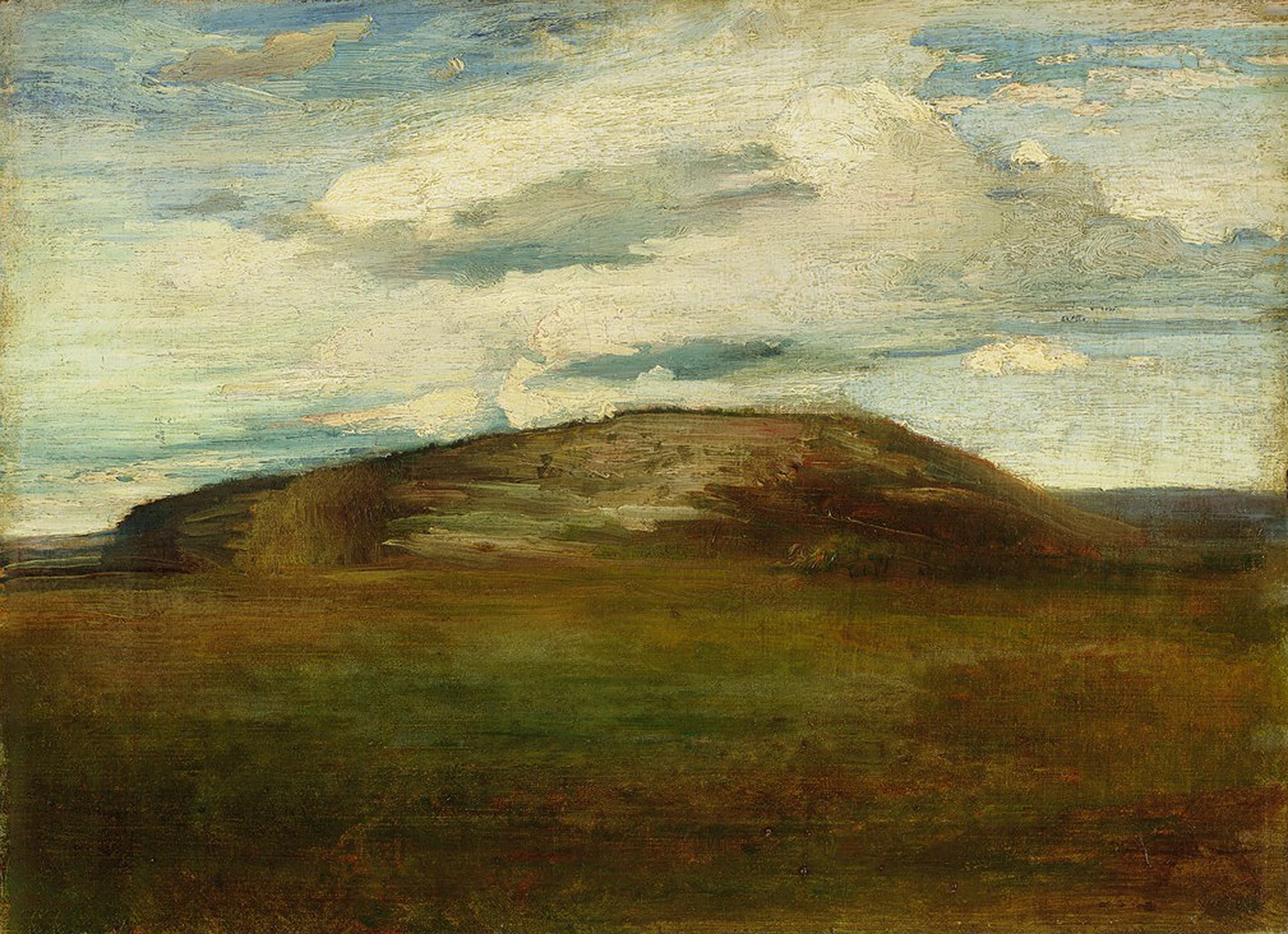 Oil painting of Autumn, Mid Day, Looking North – Table Rock Hill by John La Farge, featuring an open autumn meadow in warm ochre and green beneath a round hill and a luminous sky of white and blue clouds.