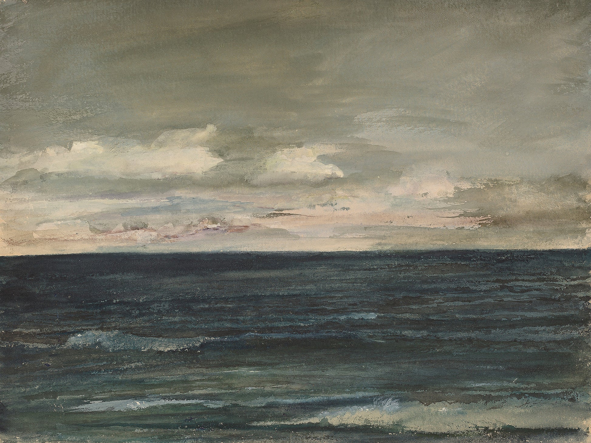 Watercolor of Lesson Study on Jersey Coast by John La Farge, featuring dark rolling waves beneath a wide overcast sky with pale pink light at the horizon.
