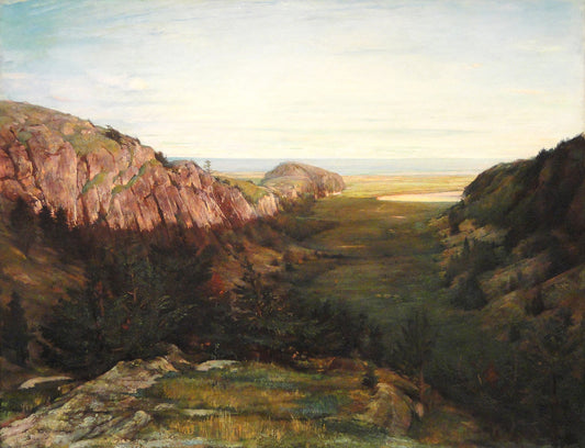 Oil painting of The Last Valley – Paradise Rocks by John La Farge, featuring warm rose granite cliffs framing a deep green valley opening toward a distant sea and pale sky.