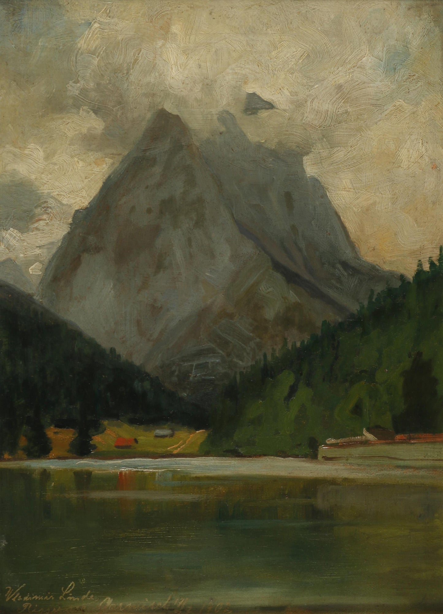 Oil painting of Zugspitze by Wladimir Linde, featuring a towering grey mountain peak rising above dark forest and a still green lake under a stormy overcast sky.