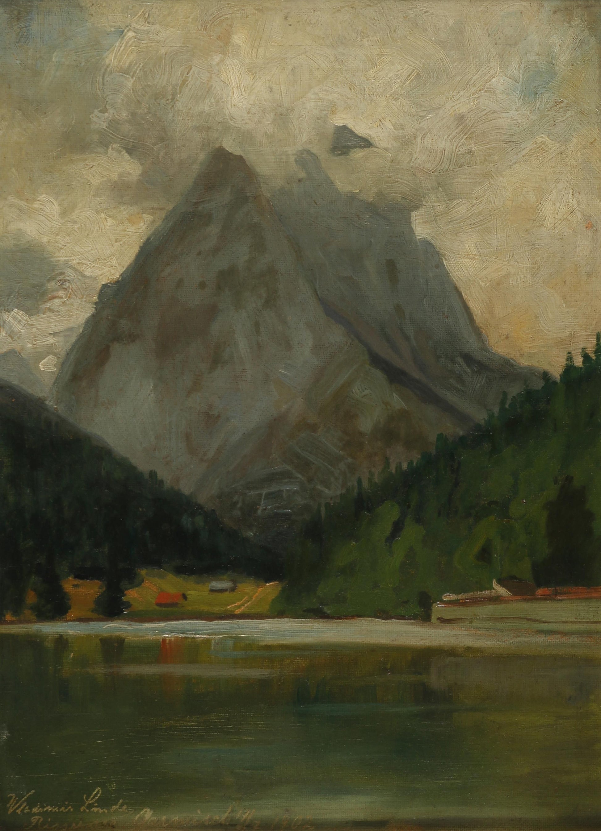 Oil painting of Zugspitze by Wladimir Linde, featuring a towering grey mountain peak rising above dark forest and a still green lake under a stormy overcast sky.
