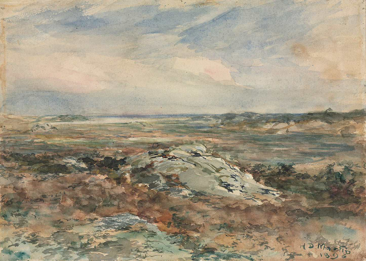 Oil painting of Coastal Landscape by Homer Dodge Martin, featuring a broad open heath with exposed rocks and low scrub extending toward a distant coastal horizon beneath a soft, overcast sky.