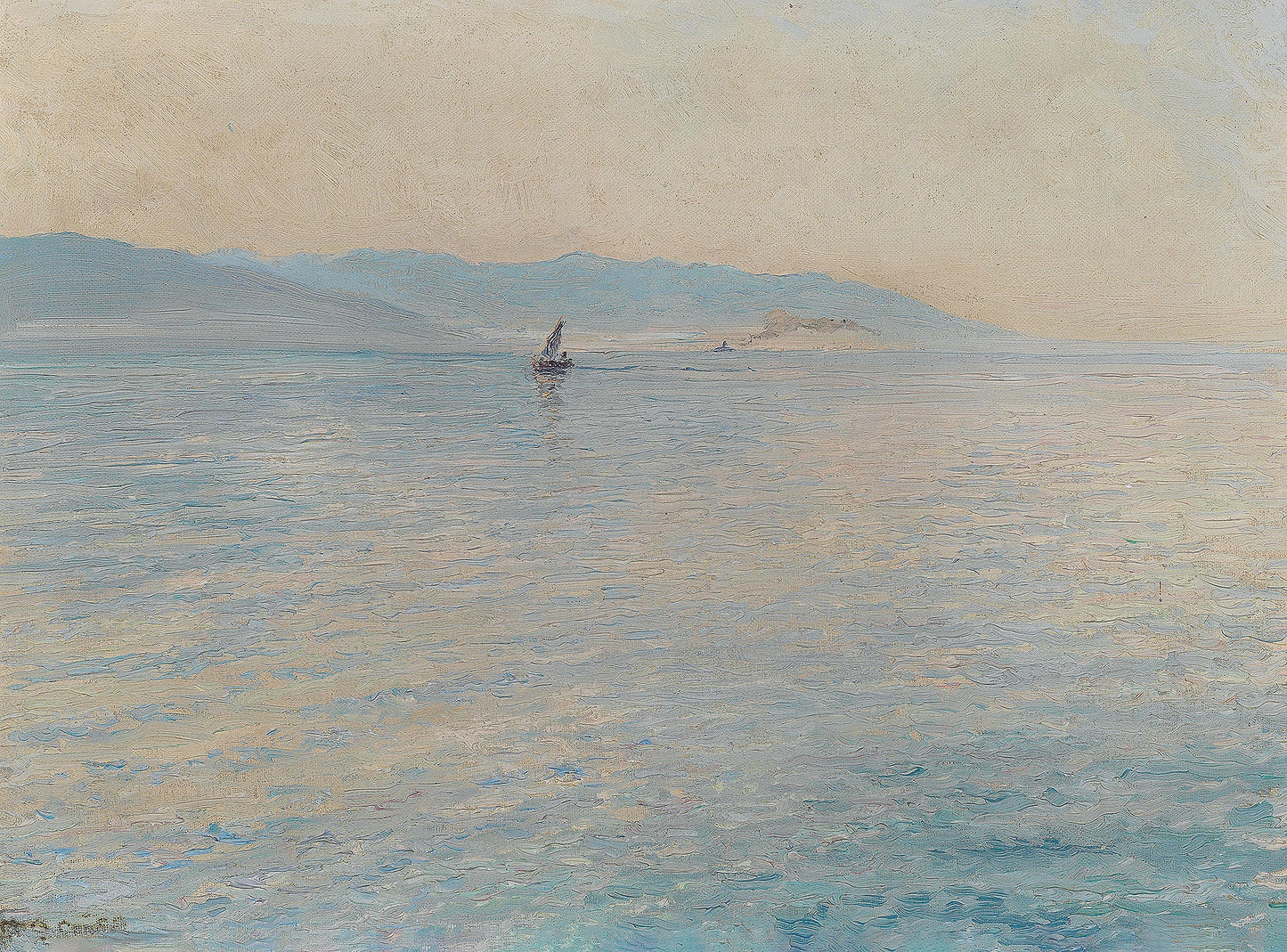 Oil painting of Calm Sea (Bonaca) by Menci Clement Crnčić, featuring a lone sailing vessel on a glassy Adriatic sea with soft blue mountains receding into a pale, luminous sky.