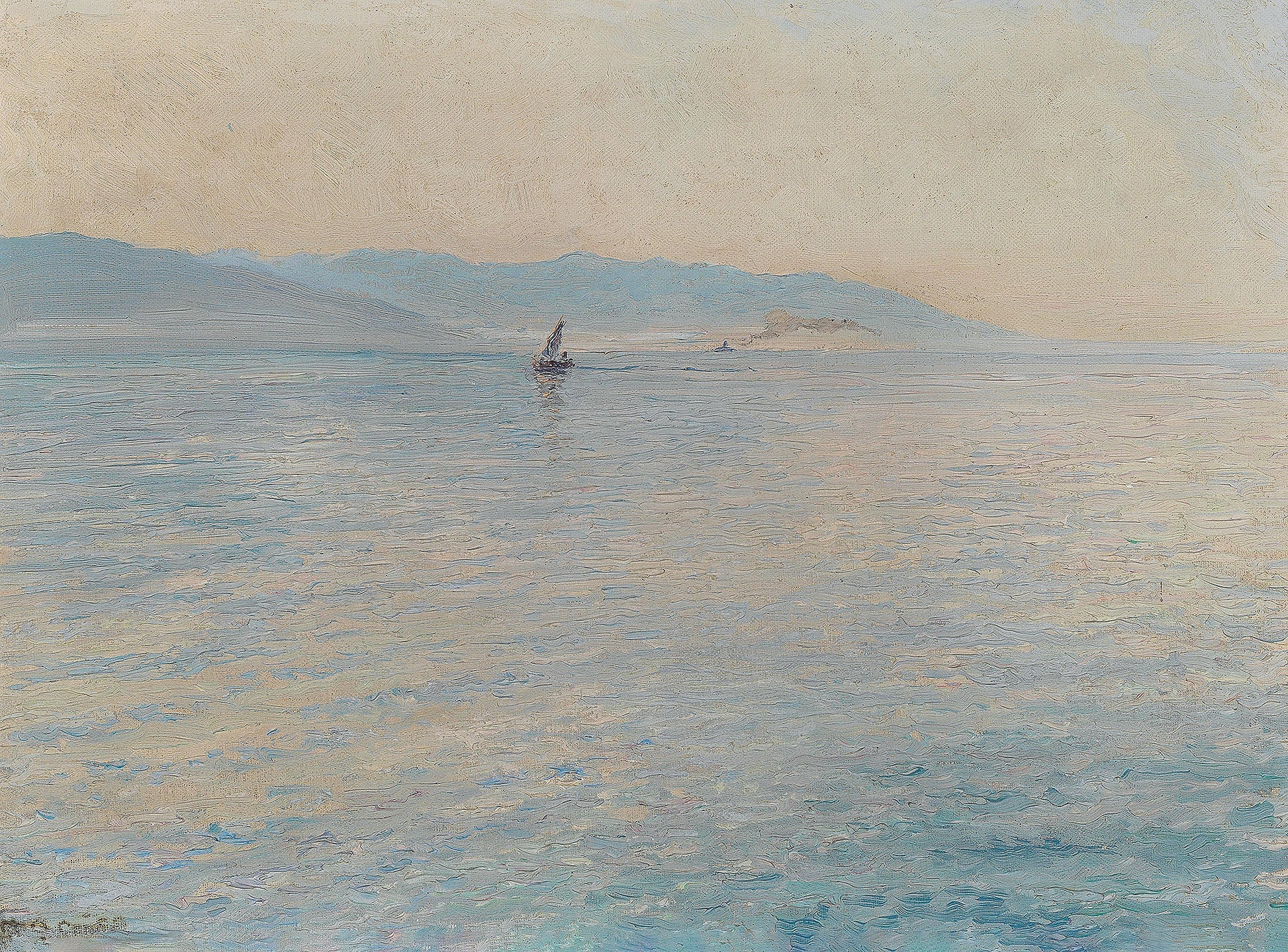 Oil painting of Calm Sea (Bonaca) by Menci Clement Crnčić, featuring a lone sailing vessel on a glassy Adriatic sea with soft blue mountains receding into a pale, luminous sky.