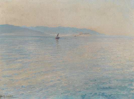 Oil painting of Calm Sea (Bonaca) by Menci Clement Crnčić, featuring a lone sailing vessel on a glassy Adriatic sea with soft blue mountains receding into a pale, luminous sky.