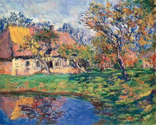 Oil painting of Chaumière Normande by Claude Monet, featuring a thatched Norman farmhouse beside a blue pond surrounded by autumn apple trees in warm gold, orange, and green.