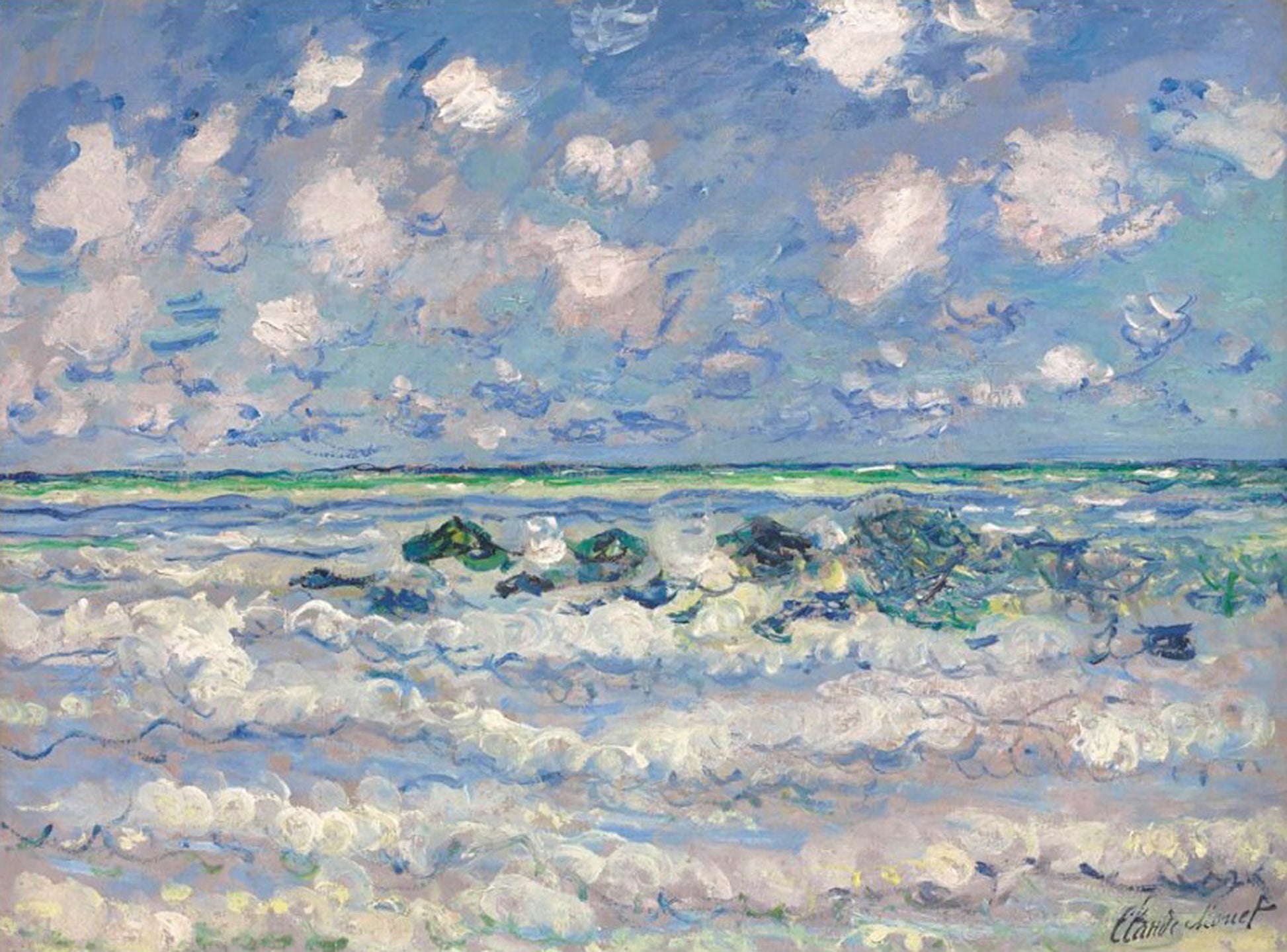 Oil painting of La Vague (The Wave) by Claude Monet, featuring crashing white surf over dark submerged rocks beneath a bright, cloud-billowing sky.
