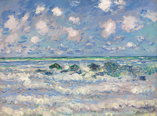 Oil painting of La Vague (The Wave) by Claude Monet, featuring crashing white surf over dark submerged rocks beneath a bright, cloud-billowing sky.