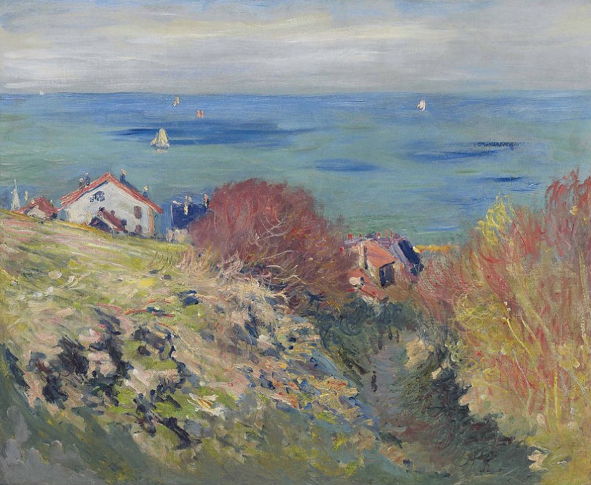 Oil painting of Pourville by Claude Monet, featuring a clifftop view over red-roofed cottages descending toward a calm shimmering blue-green sea with distant sailboats.