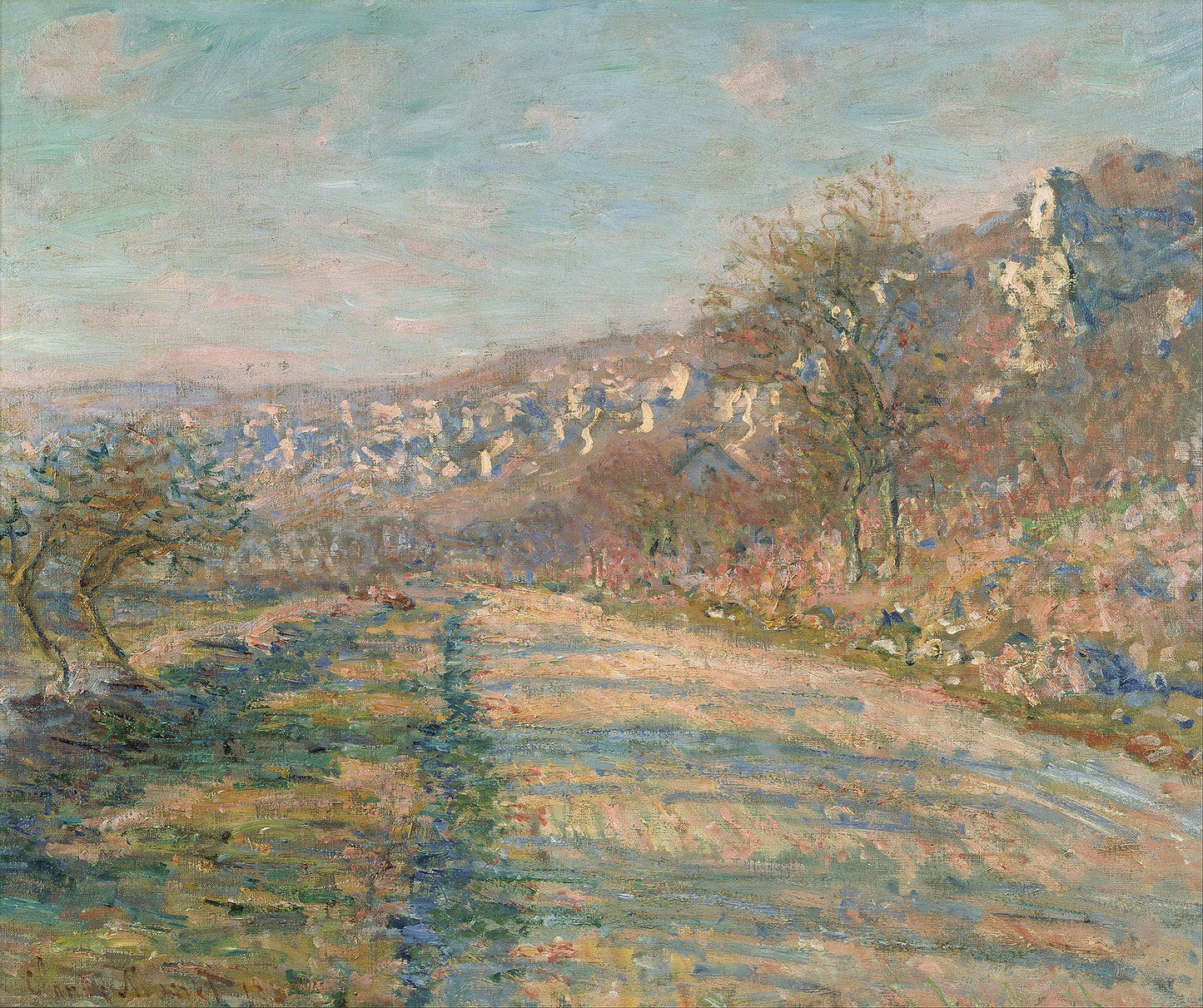 Oil painting of Road of La Roche-Guyon by Claude Monet, featuring a winding rural road through a valley with bare trees and soft pink flowering hillsides under a pale blue sky.
