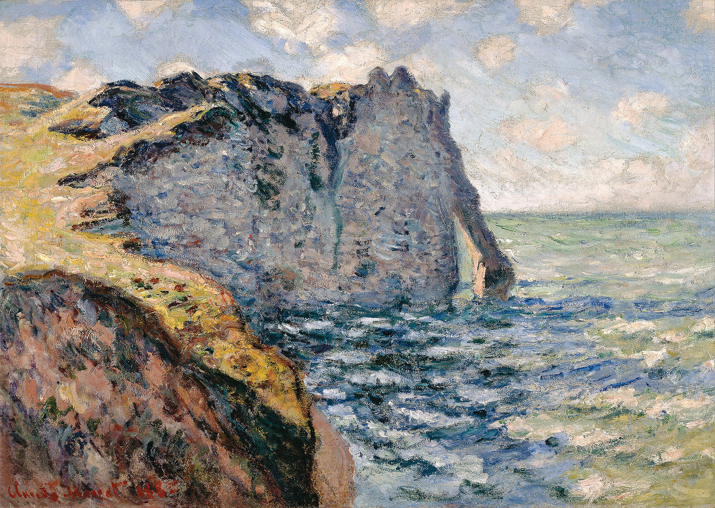 Oil painting of The Cliff of Aval, Étretat by Claude Monet, featuring a massive grey-green chalk cliff rising from turbulent surf under a bright, cloudy sky.