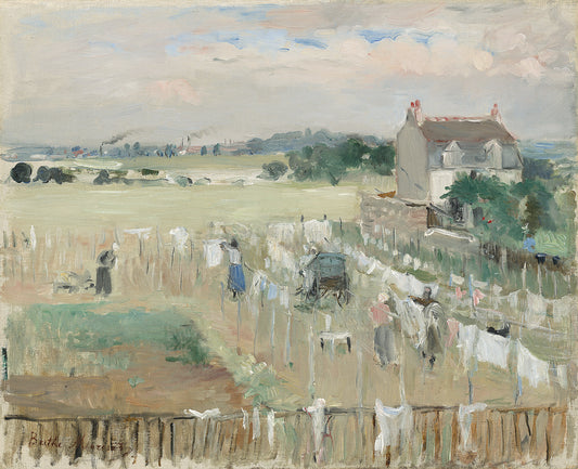 Oil painting of Hanging the Laundry Out to Dry by Berthe Morisot, featuring women hanging white laundry across fence lines in a sun-dappled garden with a pale countryside and overcast sky beyond.