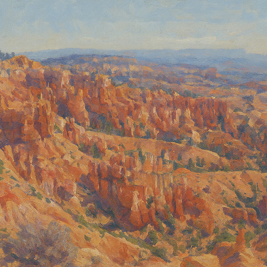 Landscape view of the hoodoo amphitheater in Bryce Canyon National Park, Utah, featuring hundreds of orange-red spires cascading into a misty blue distance.