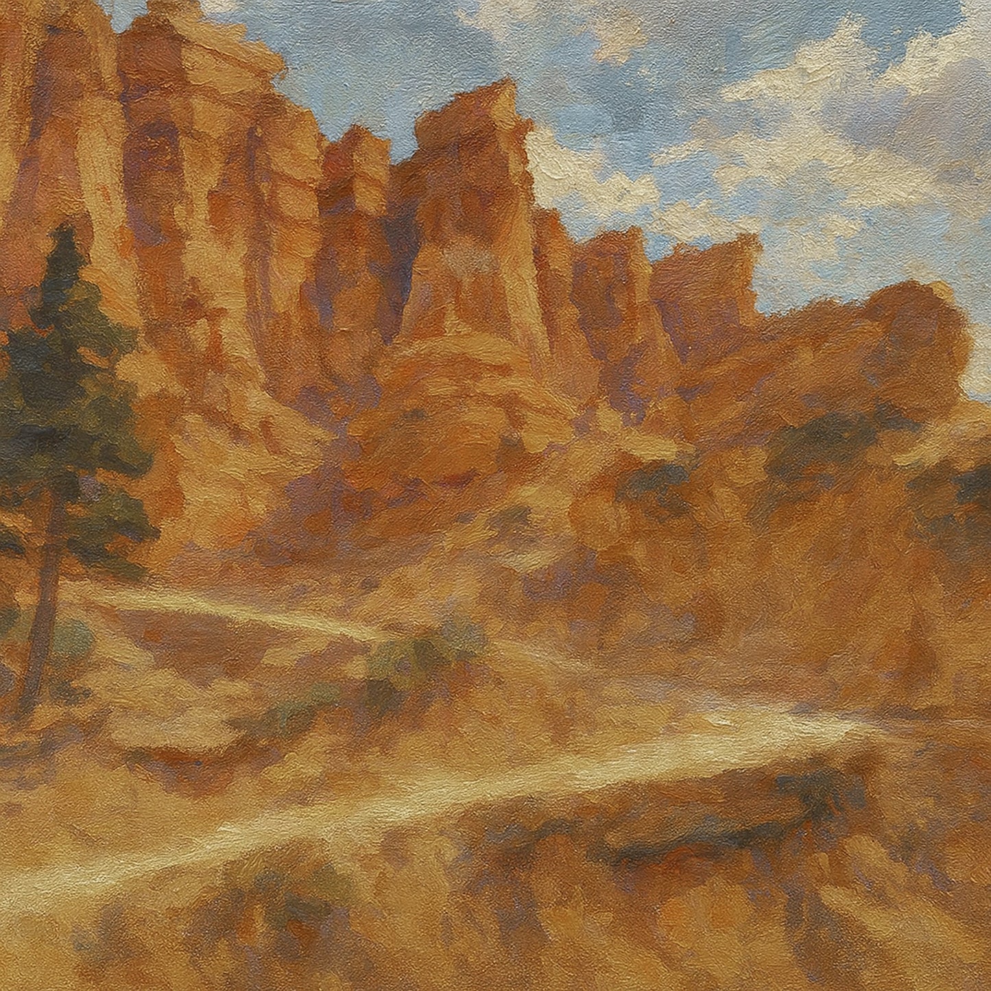 Towering amber hoodoos and red-rock walls rising above a pine-dotted canyon floor.