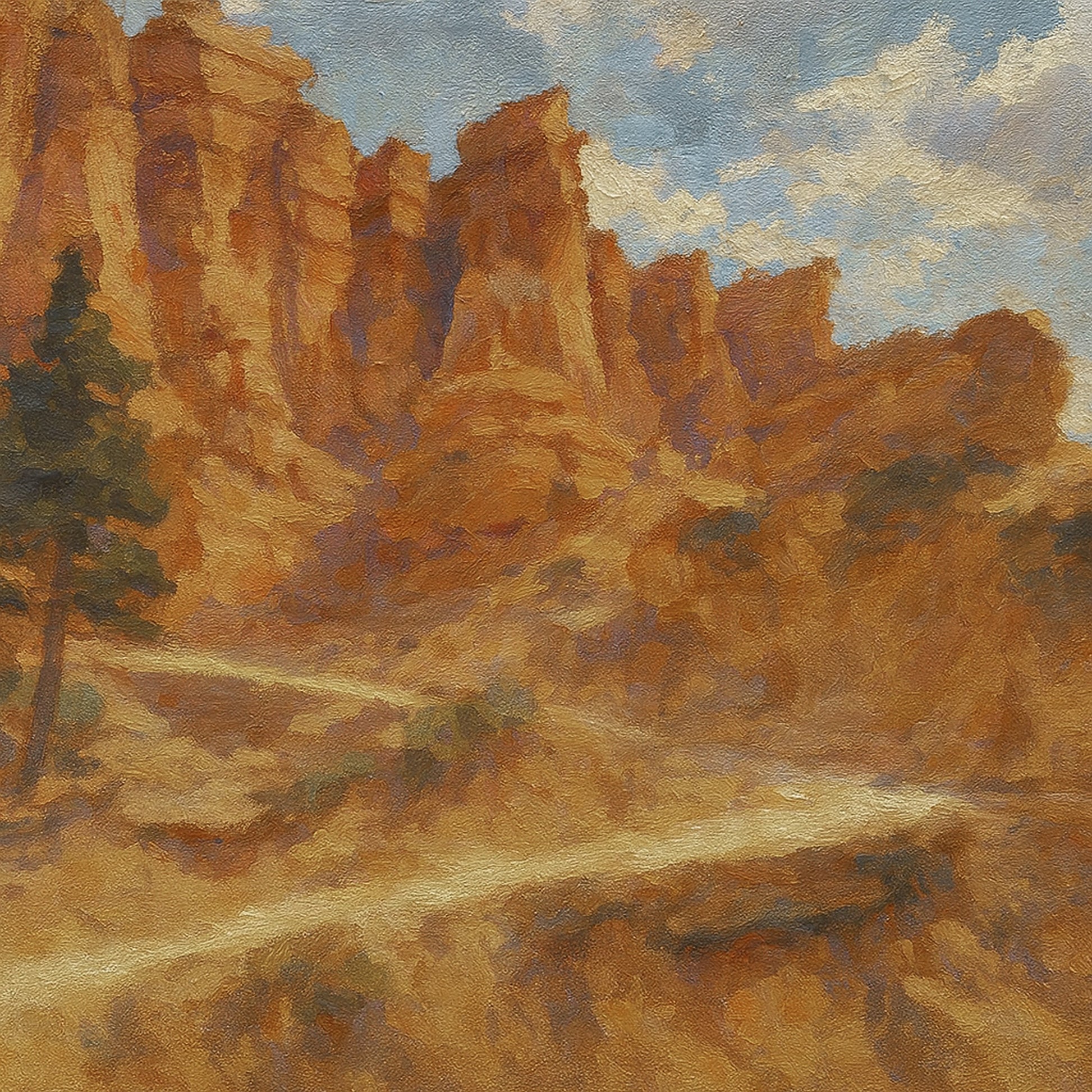 Towering amber hoodoos and red-rock walls rising above a pine-dotted canyon floor.