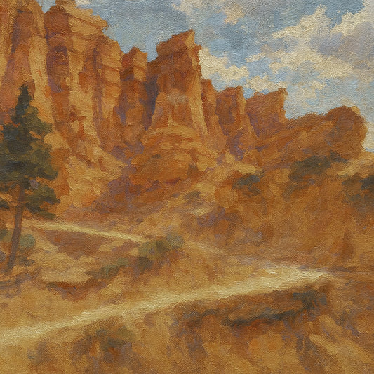 Landscape view of Queen's Garden Trail in Bryce Canyon National Park, Utah, featuring towering amber hoodoos and red-rock walls rising above a pine-dotted canyon floor.