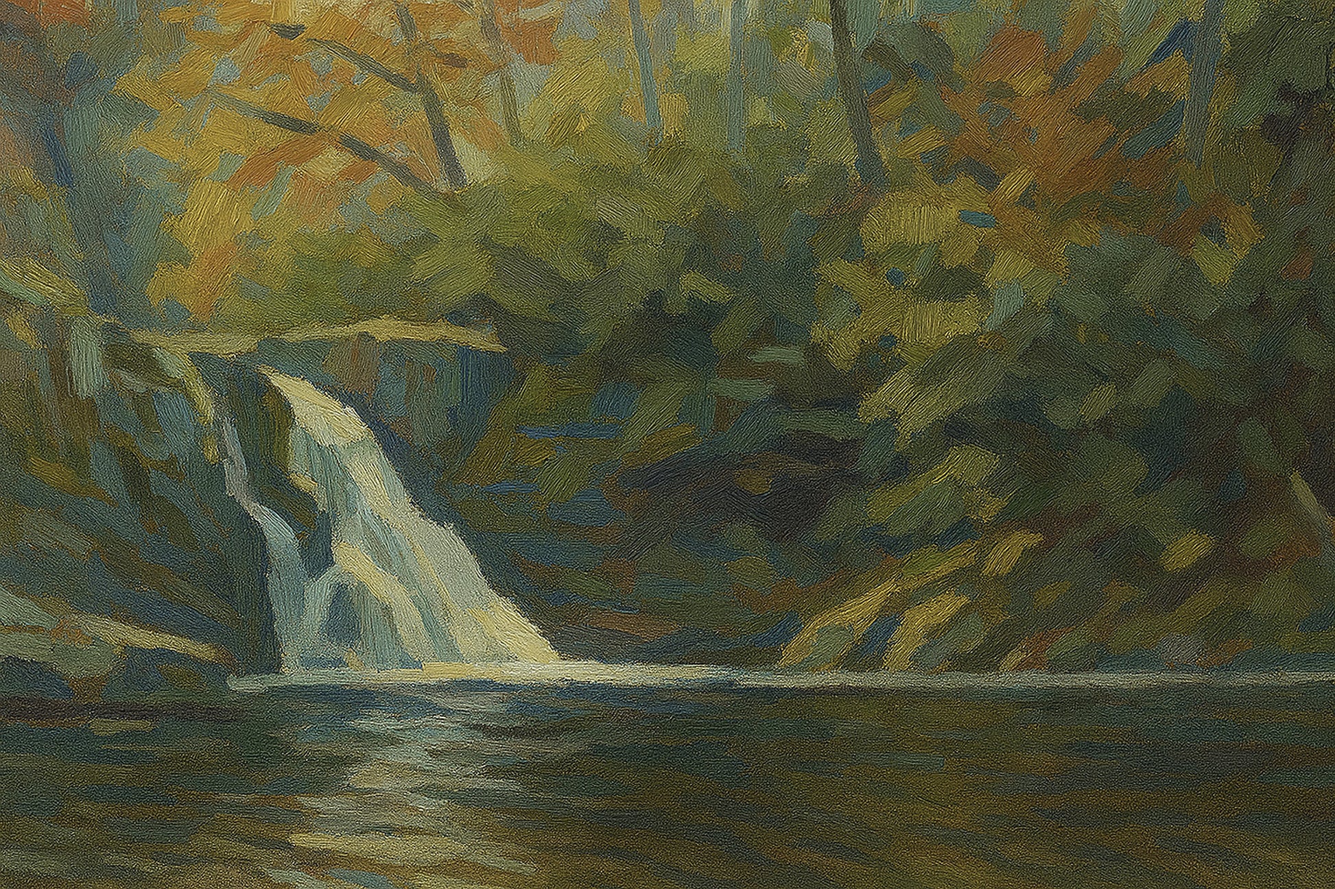 Landscape view of Abrams Falls in Great Smoky Mountains National Park, Tennessee, featuring a white waterfall cascading into a still pool surrounded by autumn foliage in gold and olive tones.