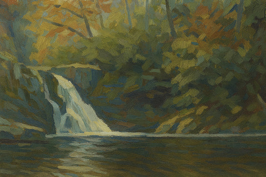 Landscape view of Abrams Falls in Great Smoky Mountains National Park, Tennessee, featuring a white waterfall cascading into a still pool surrounded by autumn foliage in gold and olive tones.