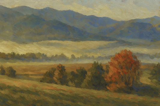 Landscape view of Cades Cove in Great Smoky Mountains National Park, Tennessee, featuring low morning fog layered across a golden meadow with a red autumn tree and blue mountain ridges beyond.